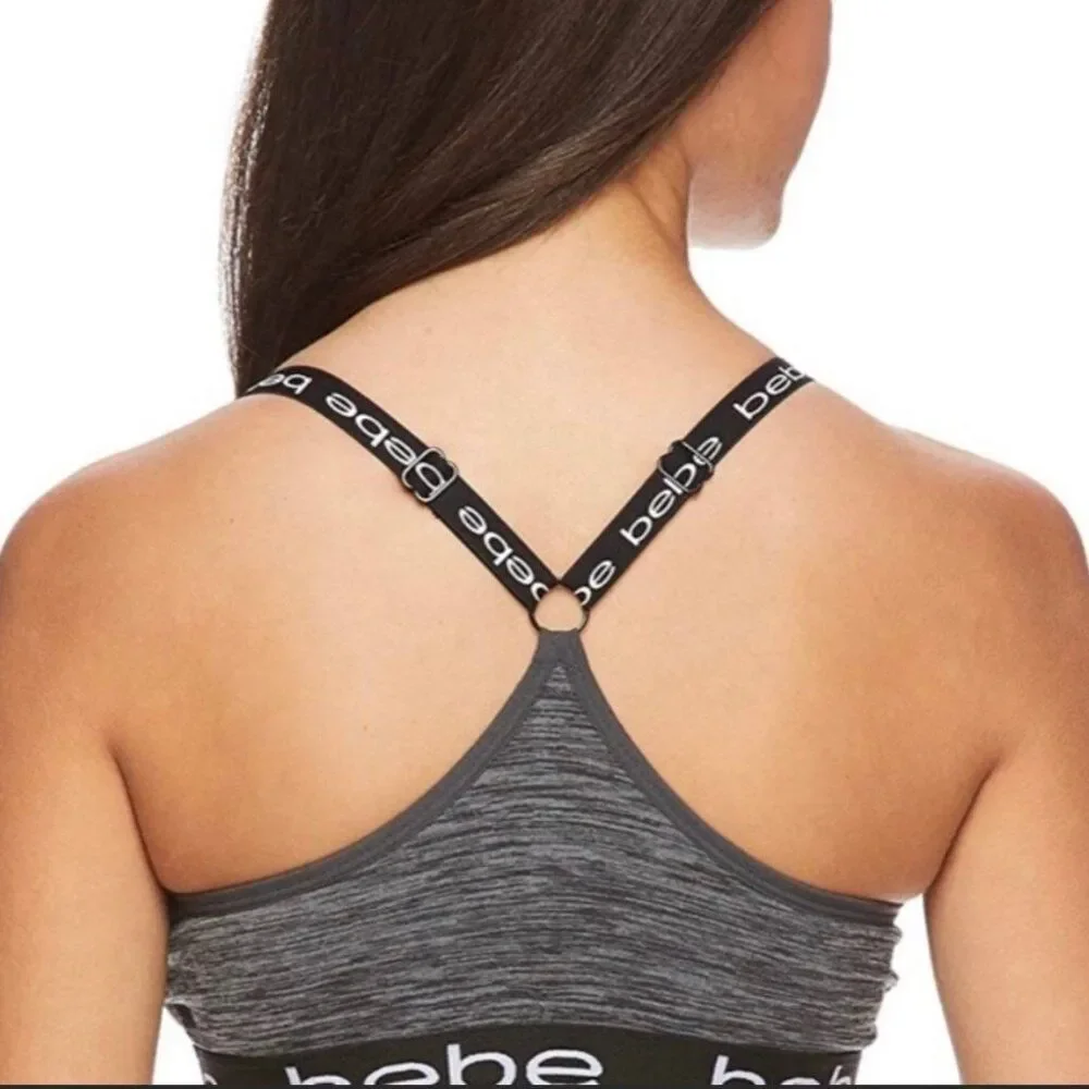 bebe Heathered Grey Black Logo Racerback Sports Bra Size Small